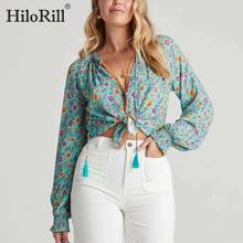 HiloRill Summer Women Boho Long Sleeve Blouses 2021 Chic V Neck Floral Print Blouse Shirt Female Ruffle Casual Loose Tunic Tops 2024 - buy cheap