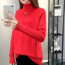 Jersey de cuello alto rojo cálido para mujer, suéter de punto elegante, suéteres coreanos ajustados, Tops de punto para mujer de otoño e invierno 2024 - compra barato