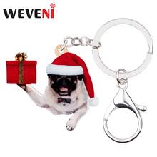 WEVENI Acrylic Christmas Sweet French Bulldog Dog Gift Box Key Chains Key Ring Car Wallet Bag Accessory Girl Women Festival Gift