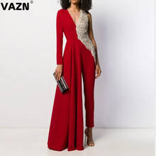 VAZN Top design 2020 spring sexy lady 3 colors patchwork long jumpsuit one shoulder full sleeve asymmetrical special jumpsuit 2024 - buy cheap