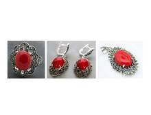 Senhora vermelho jade esculpida laca marcasite 925 prata esterlina floeer anel (#6-9) brincos e pandent jóias 2024 - compre barato