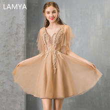 LAMYA-Vestidos De Fiesta Cortos personalizados con cuello en V, vestido De fiesta De noche De encaje con apliques, longitud hasta la rodilla, vestido Formal Simple, bata De noche 2024 - compra barato