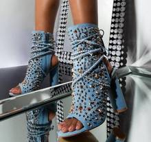 Dipsloot Summer Light Blue Jeans Rivets Slingback Short Boots Woman Chunky Heels Peep Toe Spikes Lace Up Booties Ankle Boots 2024 - buy cheap