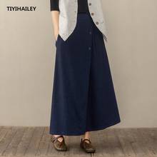 TIYIHAILEY Fashion Free Shipping Patchwork Vintage Long Maxi A-line Skirts Women Elastic Waist Spring Autumn Linen Blue Skirts 2024 - buy cheap