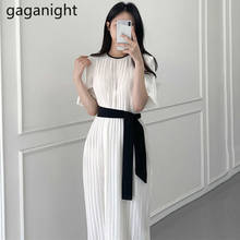 Gaganight Elegant Women White Long Party Dress Chiffon Pleated Bodycon Dress Ladies Chic Korean Vestidos Summer with Black Belt 2024 - buy cheap