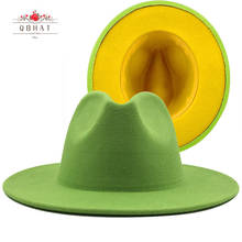 QBHAT-sombreros de fieltro de Jazz para hombre y mujer, sombrero de Fedora de lana de imitación de ala grande, Patchwork, Panamá, verde lima con fondo amarillo 2024 - compra barato