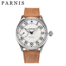 Мужские часы Parnis, 44 мм, с белым циферблатом, кожаный чехол, 17 драгоценностей, механические, 6497, с ручным заводом, для отдыха 2024 - купить недорого