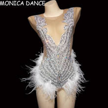 Sexy Stage Sparkly Rhinestones Feather Bodysuit Women Sexy Crystals Leotard Nightclub DJ Outfit Bar Dancer Stage Party Costume 2024 - buy cheap