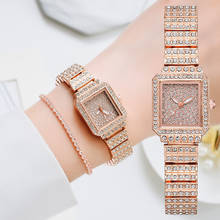 Часы наручные женские кварцевые в стиле хип-хоп, роскошные брендовые, квадратные, со сверкающими бриллиантами, розовое золото, с браслетом 2024 - купить недорого