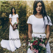 2021 praia vestidos de casamento longo colher frisado faixas mangas curtas chiffon vestidos de noiva boho vestido de novia 2024 - compre barato