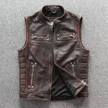 2020 Vintage Brown Men Motorcycle Leather Plus Size 4XL Genuine Cowhide Spring Slim Fit Biker's Natural Vest FREE SHIPPING 2024 - buy cheap