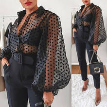 UK Women Summer Polka Dot Mesh Sheer See-through Long Sleeve Tops Loose Club Blouse Tee 2024 - buy cheap