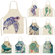 Marine Animals Printed Kitchen Aprons for Women Kids Sleeveless Cotton Linen Bibs Cooking Baking Cleaning Tools 53*65cm 2024 - buy cheap