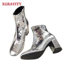 XGRAVITY 2020 New Spring Winter Fashion Round Toe Silver High Heel Chunky Shoes High Heel Woman Boots Warm Ladies Shoes S084 2024 - buy cheap