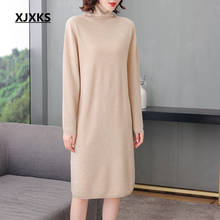 Xjxks 2020 outono inverno novas mulheres vestido de gola alta confortável 100% lã pura de malha longa camisola feminina vestido de camisola 2024 - compre barato