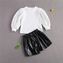 1-6Y Fashion Kids Baby Girls Clothes Sets Puff Sleeve Knitted Pullover Tops Leather Skirt 2PCS Spring Autumn Clothing 2024 - buy cheap