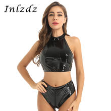 Womens Leather Latex Lingerie Set Wet Look Halter Neck Sex Suit Sleeveless Crop Top with High Cut Zippered Crotch Briefs Bottom 2024 - buy cheap