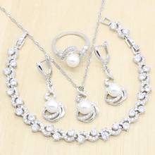 Conjunto de joyería de Color plata y Perla blanca para mujer, pulsera, collar, pendientes, anillo, regalo de cumpleaños y boda 2024 - compra barato