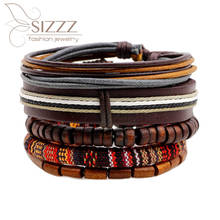 SIZZZ-pulsera de cuero con cuentas de madera para hombre y mujer, brazalete de cinco piezas con cera, 2019 2024 - compra barato