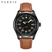 Parnis relógio mecânico automático masculino de 44mm, pulseira de couro com movimento miyota, relógio com calendário militar luminoso, relógio de pulso masculino 2024 - compre barato