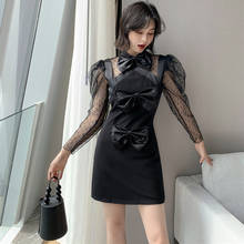 2020 Black Polka Dot Backless Dress Sheer Mesh Patchwork Puff Sleeve Dress for Women Long Sleeve Fashion Autumn Dress Ladies 2024 - buy cheap