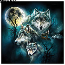 Pinturas de cristal em formato de broca cheia de lobo bordado com diamante redondo completo 5d faça você mesmo pintura de diamante lua de animais mosaico de diamante 2024 - compre barato