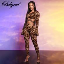 Dulzura Leopard Women 2 Piece Set Flare Sleeve Crop Top Lace Up High Waist Pants Hollow Out Club Streetwear 2020 Autumn Winter 2024 - buy cheap