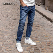 Kuegou calça jeans masculina de algodão 2021, calça jeans de outono azul lisa com bolso justo da moda para homens, calças retas 1840 2024 - compre barato