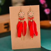 Boho Summer Long Red Feather Earrings for Women Vintage Silver Color Flower Beads Tassel Earings Fashion Jewelry Oorbellen 2024 - buy cheap