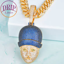 Colgante de cabeza con cara de personaje de circonita cúbica azul, collar de Color dorado, joyería de Hip Hop Rock para hombres 2024 - compra barato