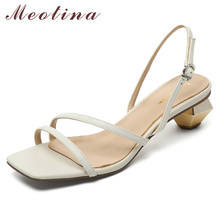 Meotina-Sandalias de piel auténtica para mujer, zapatos de tacón medio con banda estrecha, punta cuadrada, estilo extraño, calzado de verano 2024 - compra barato