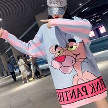 Suéter de malha gola redonda harajuku, versão coreana de letras dos desenhos animados, rosa, estampa de leopardo, para outono e inverno 2024 - compre barato