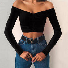 Women Autumn Sexy Off Shoulder Long Sleeve V-Neck Slim Top Ladies Spring Casual Solid Crop Tops Pullover T-Shirts 2024 - buy cheap