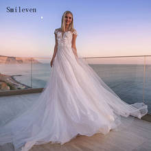 Smileven-vestido de novia de tul con purpurina para playa, vestido de novia Sexy con apliques florales, manga casquillo, estilo bohemio, 2021 2024 - compra barato