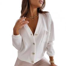 Women Solid Color Deep V Neck Pocket Single-breasted Blouse Long Sleeve Pullover 2024 - buy cheap