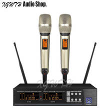 Sistema de microfone sem fio uhf, portátil, dinâmico, microfone duplo, condensador lavaler para karaoke 2024 - compre barato