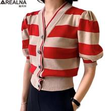 Vintage Short Sleeve V-neck cardigan women Striped Knitted Single Breasted Tops Korean Fashion Ladies black sweater jumper women 2024 - buy cheap