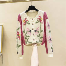 Cardigã bordado flores de malha vintage, casaco feminino outono inverno 2020 2024 - compre barato