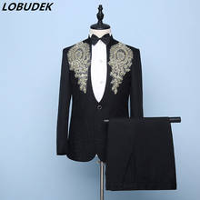 Men's Rhinestones Suits Stage Costume Stand Collar Embroidery Blazer With Pants Male Host Stage Performance Chorus Suit 2024 - buy cheap