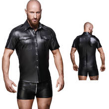 Camisa masculina de couro, camisa brilhante de couro, estilo britânico, para performance em festa, de luxo, com manga curta 2024 - compre barato