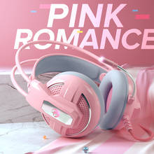Headphone gamer com redução de ruído, fone de ouvido estéreo rosa com fio para menina, com microfone 2024 - compre barato