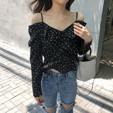 New fashion women spaghetti strap off shoulder long sleeve dotted chiffon peplum ruffles blouse shirt tops 2024 - buy cheap