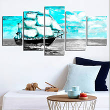 Mural de Pintura Al Óleo Abstracta moderna para decoración del hogar, póster con imagen de paisaje de cielo azul, barco de vela de mar, Mural sin marco, 5 unidades por juego 2024 - compra barato