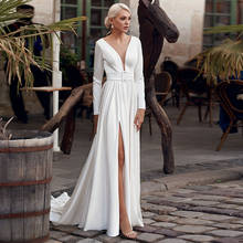 Long Sleeve Wedding Dresses 2021 Side Slit Sheer Neck Backless Simple Bridal Gown With Blet A-Line Satin Vestidos De Noiva 2024 - buy cheap
