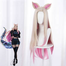 Peluca de Cosplay LOL KDA Ahri con orejas, pelo sintético resistente al calor, Rubio, Rosa mezclado, peluca larga y recta con orejas, accesorios 2024 - compra barato