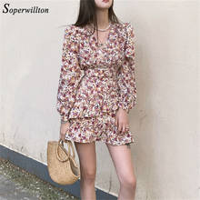 Floral Short Women Party dress Vintage long sleeve Hight Waist Dresses autumn 2022 platycodon Retro chiffon Sexy Mini Dress 2024 - buy cheap