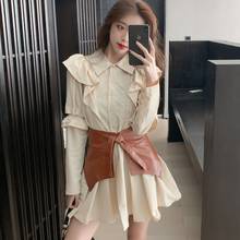 2021 Spring Fashion Ruffle Long Sleeve Shirt Dress Vestidos Women Turn Down Collar Casual Mini Dress With PU Belt 2024 - buy cheap