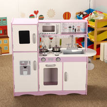 Simulador de madeira de tamanho grande, brinquedos de cozinha, geladeira, forno, fogão, talheres, conjuntos de presente para crianças 2024 - compre barato