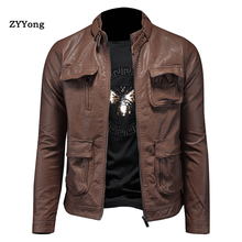 2020 Fashion Leather Jackets Men Spring Autumn Vintage Motorcycle Leather Brown Men Coats Slim Fit Stand Collar Brand Clothes 2024 - buy cheap