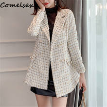 Long Sleeve Notched Collar Double-breasted Jackets Tops Blazers 2021 Autumn Korean Vintage Tweed Plaid Women Blazers Coats Femme 2024 - buy cheap